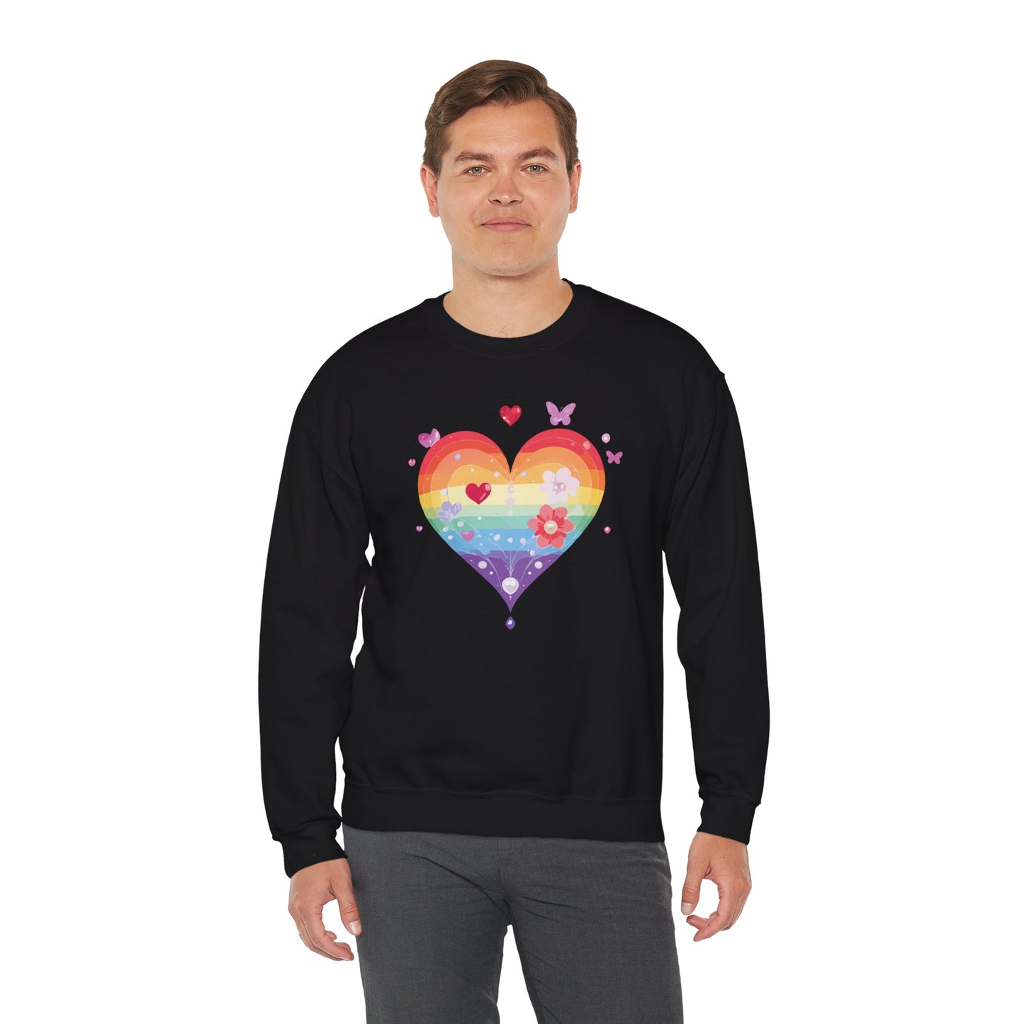 Rainbow Heart Floral Sweatshirt Unisex Valentines Day Graphic Love Sweatshirt Gift Idea
