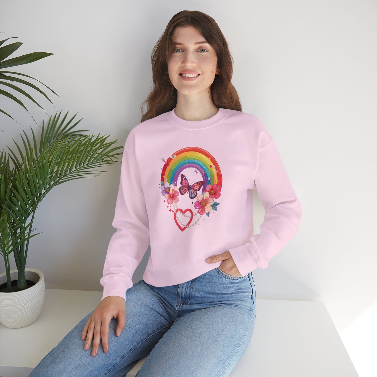 Rainbow Heart Floral Sweatshirt Unisex Valentines Day Love Gift Gildan 18000 Sweatshirt