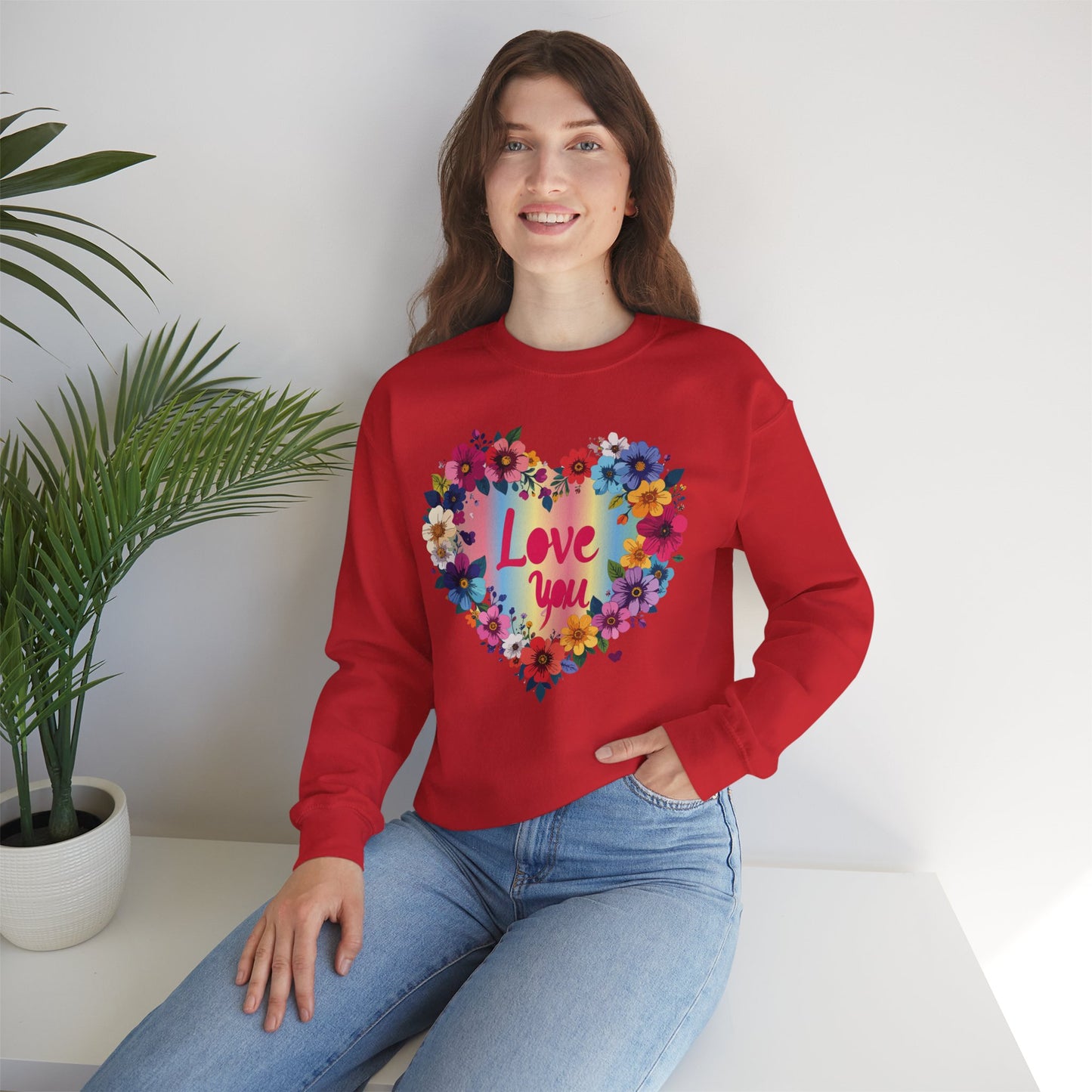 Valentines Day Floral Heart Sweatshirt Unisex Crewneck Floral Love You Gildan 18000 Heavy Blend