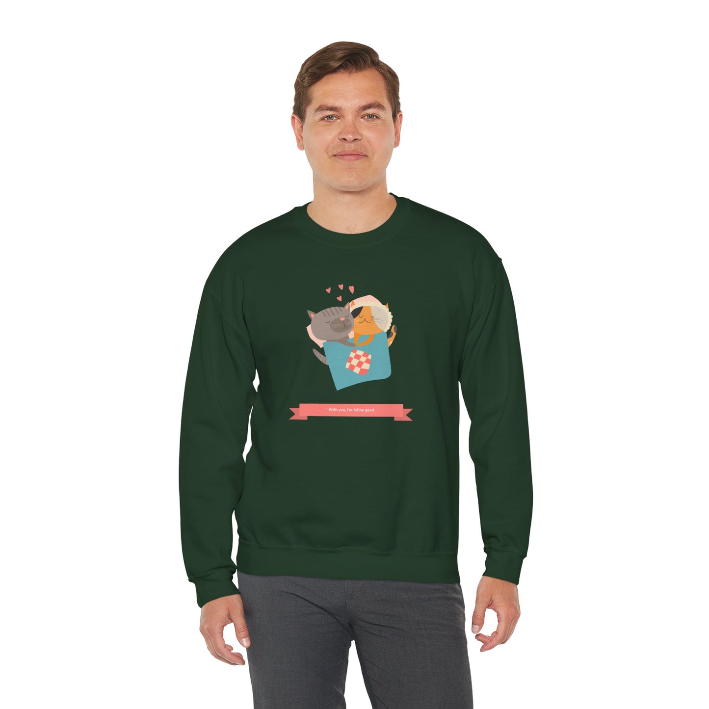 Cat Heart Sweatshirt Unisex Valentines Day 50 50 Cotton Poly Crewneck Gildan 18000