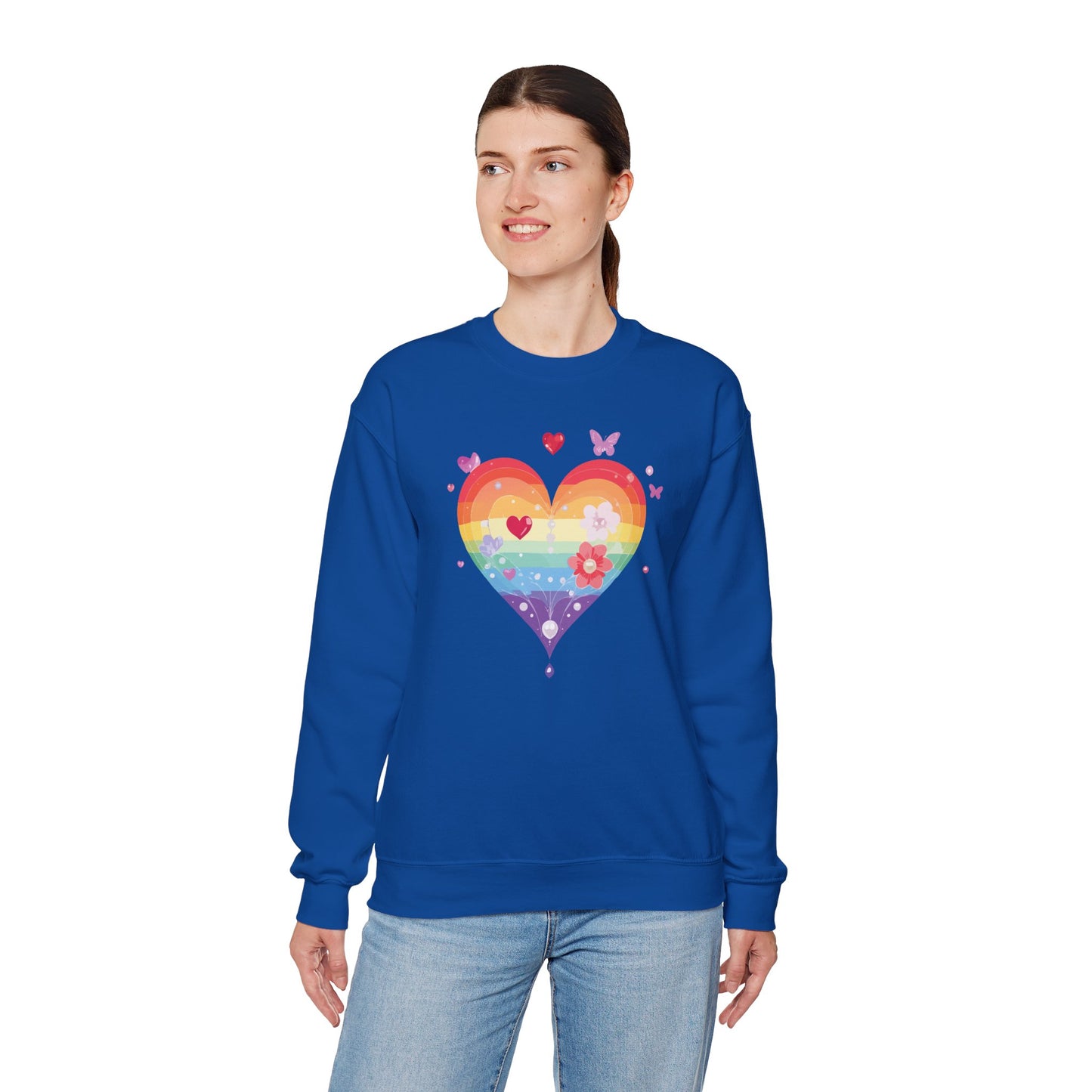 Rainbow Heart Floral Sweatshirt Unisex Valentines Day Graphic Love Sweatshirt Gift Idea