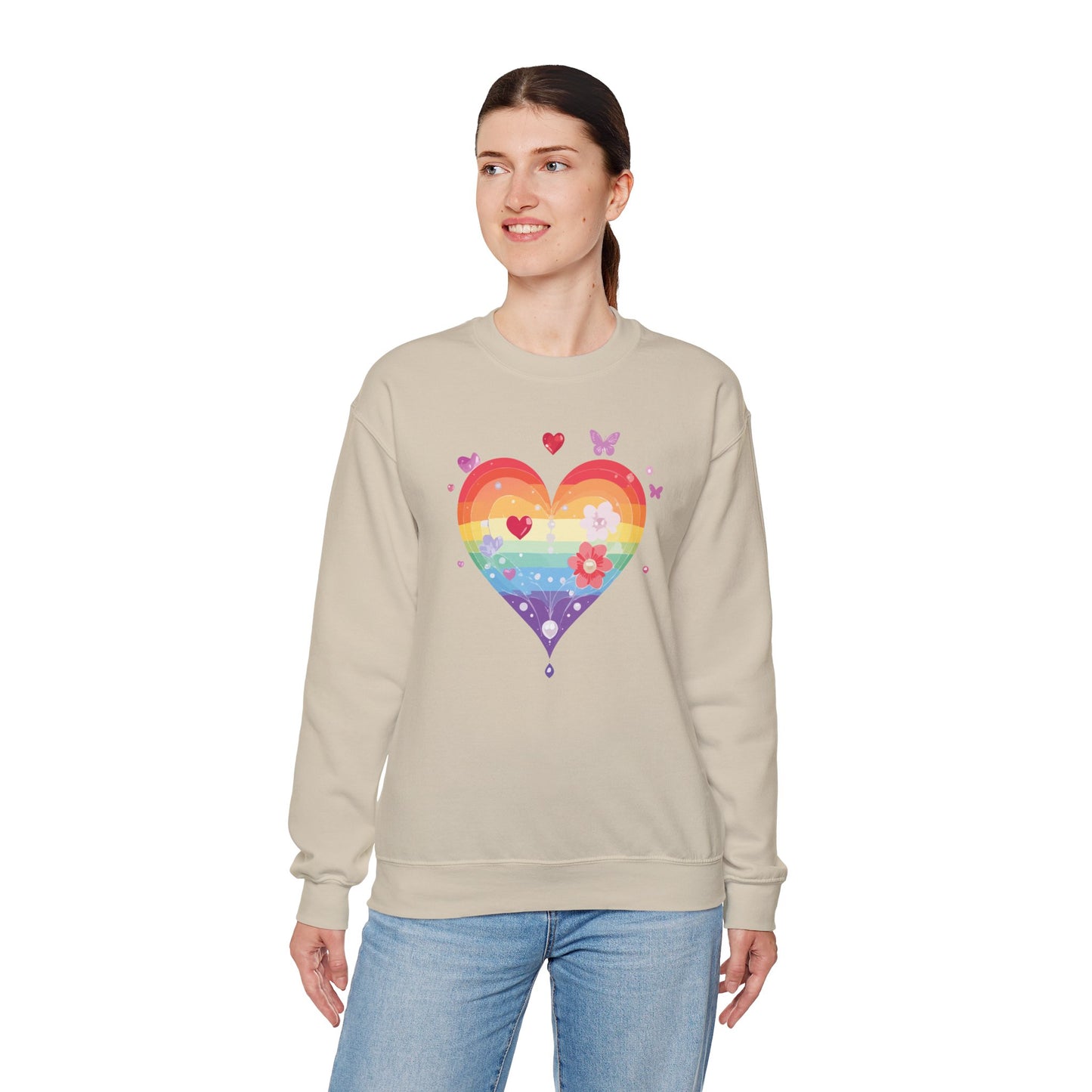 Rainbow Heart Floral Sweatshirt Unisex Valentines Day Graphic Love Sweatshirt Gift Idea