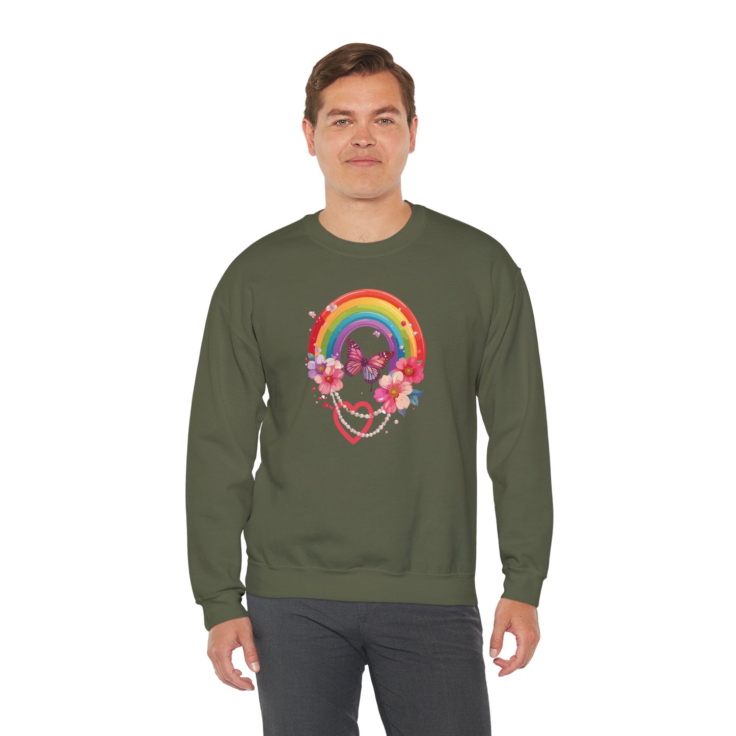 Rainbow Heart Floral Sweatshirt Unisex Valentines Day Love Gift Gildan 18000 Sweatshirt