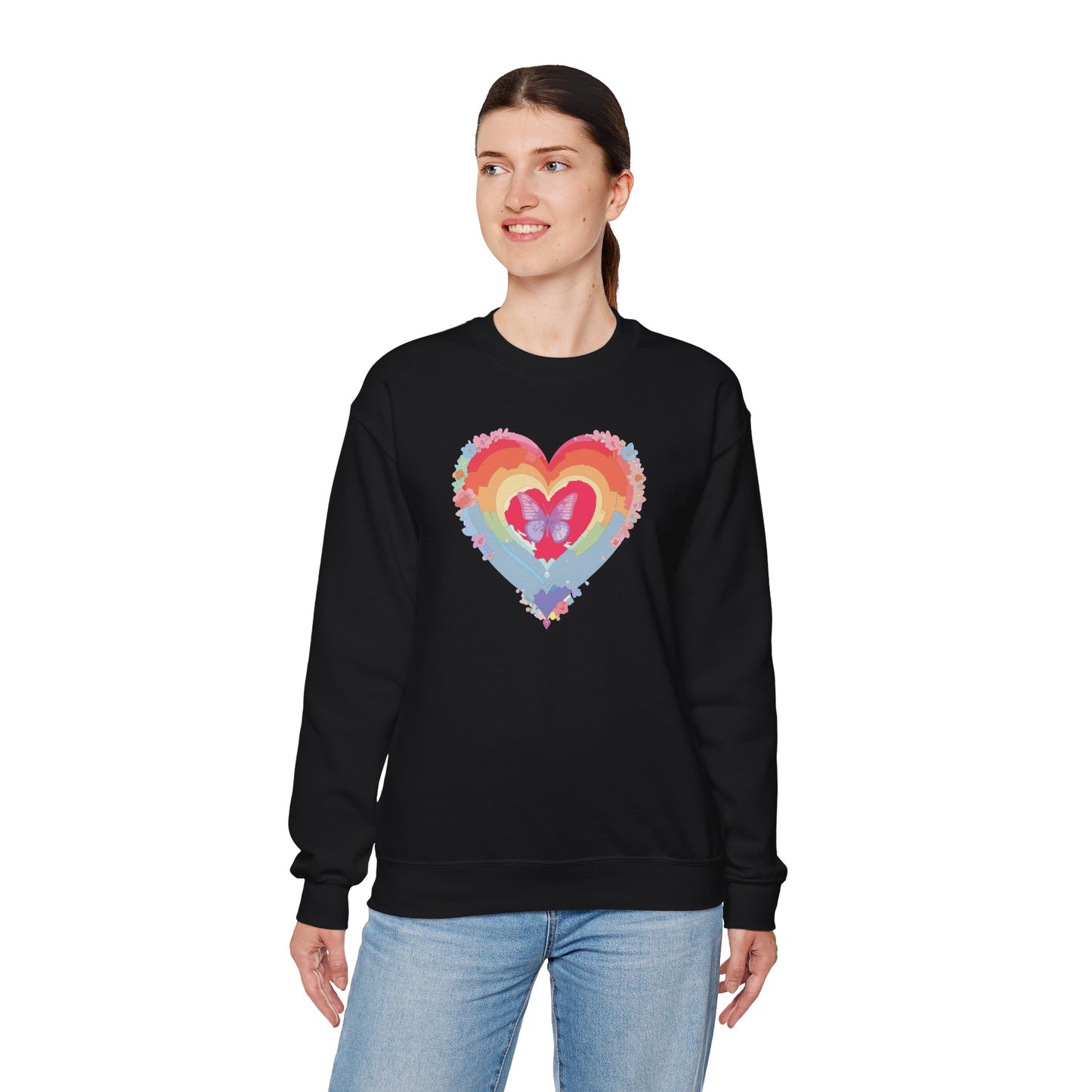 Rainbow Heart Floral Sweatshirt For Valentines Day Unisex Heavy Blend Crewneck Warm