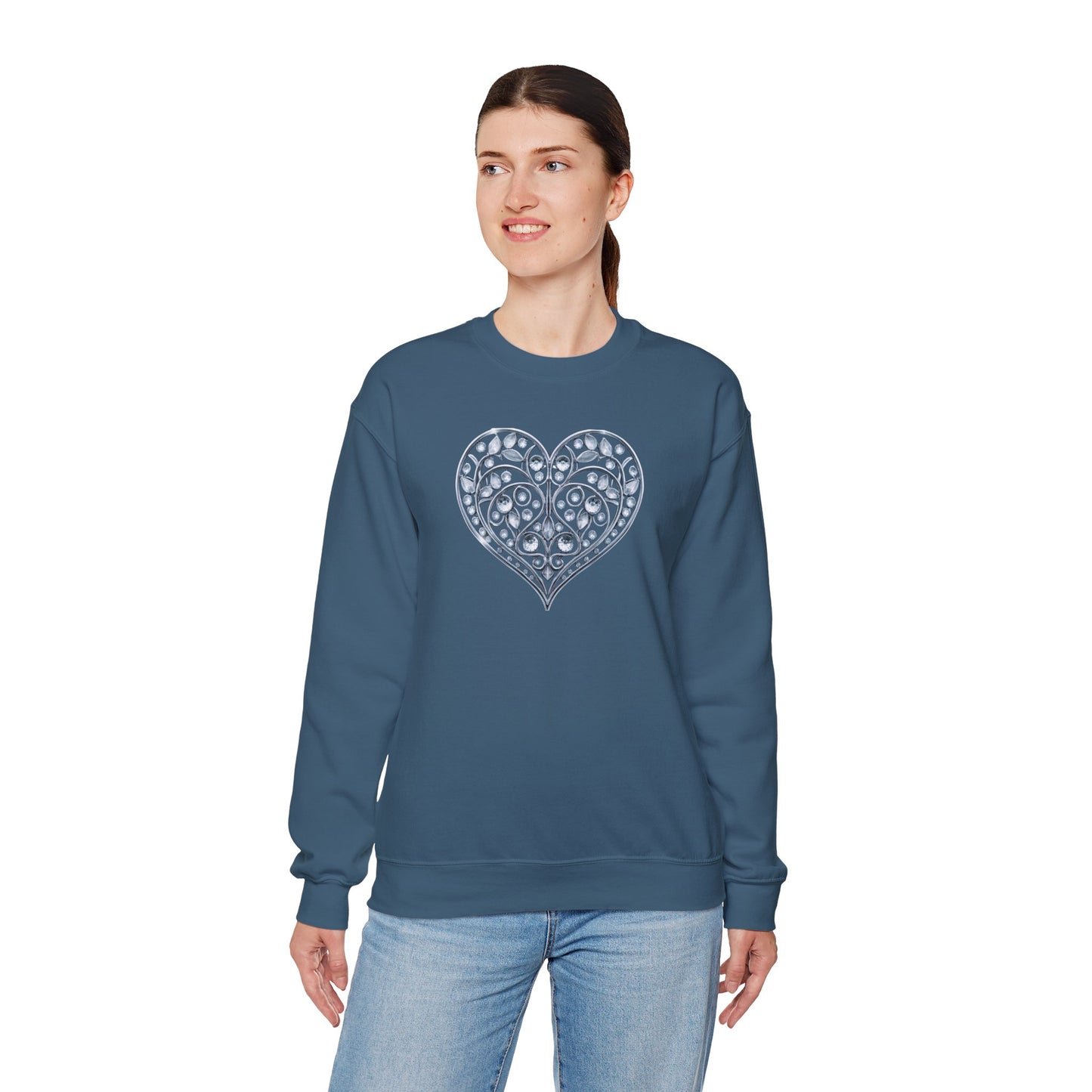 Big Crystal Heart Sweatshirt Unisex Fifty Fifty Cotton Poly Crewneck Valentines Day Sweatshirt
