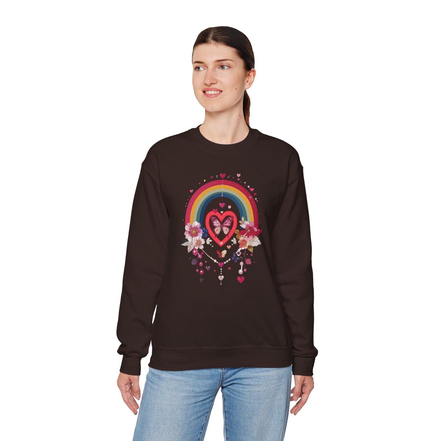 Rainbow Heart Floral Unisex Sweatshirt Crewneck Love Valentine's Day Graphic Gildan 18000