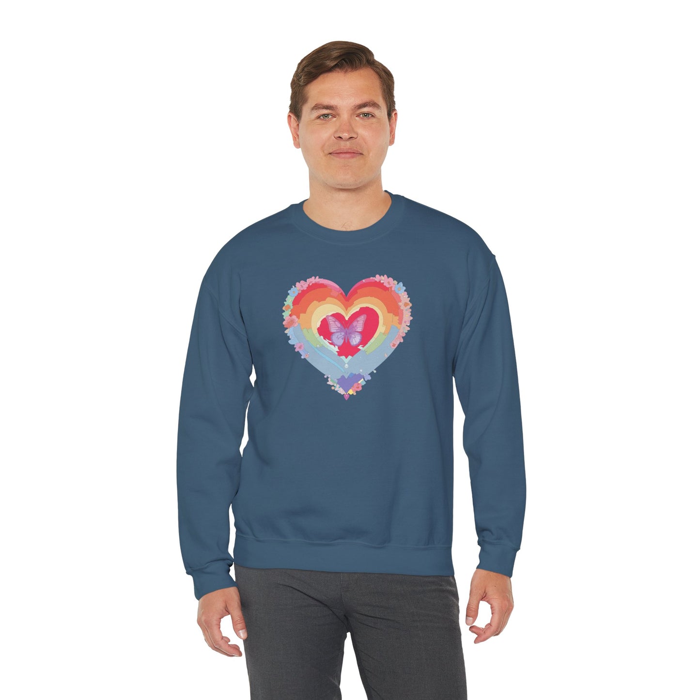 Rainbow Heart Floral Sweatshirt For Valentines Day Unisex Heavy Blend Crewneck Warm