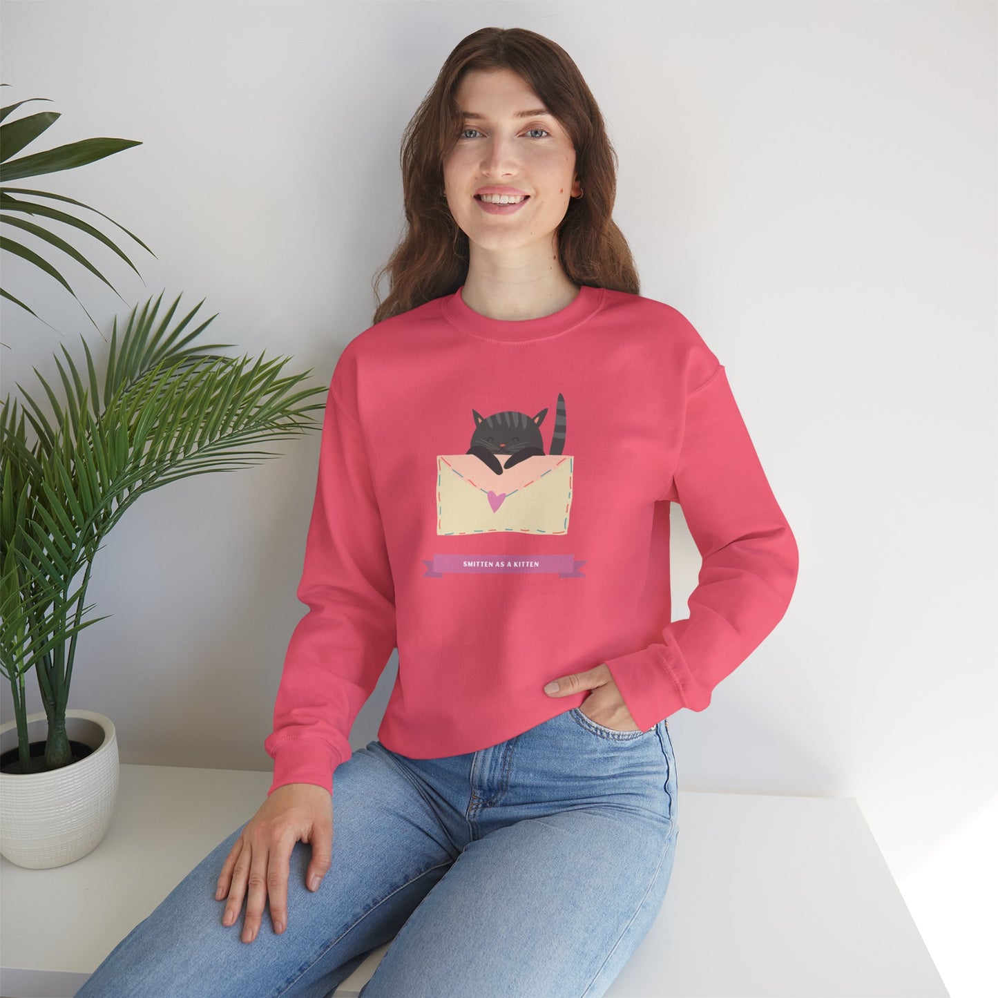 Cat Heart Sweatshirt Love For Cat Lovers Unisex Crewneck Fifty Fifty Cotton Poly Blend Gildan 18000