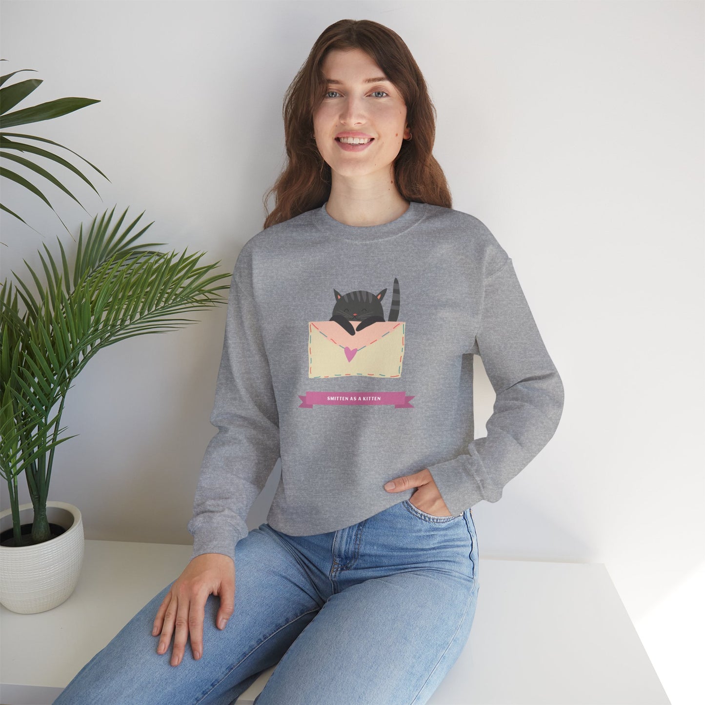 Cat Heart Sweatshirt Love For Cat Lovers Unisex Crewneck Fifty Fifty Cotton Poly Blend Gildan 18000