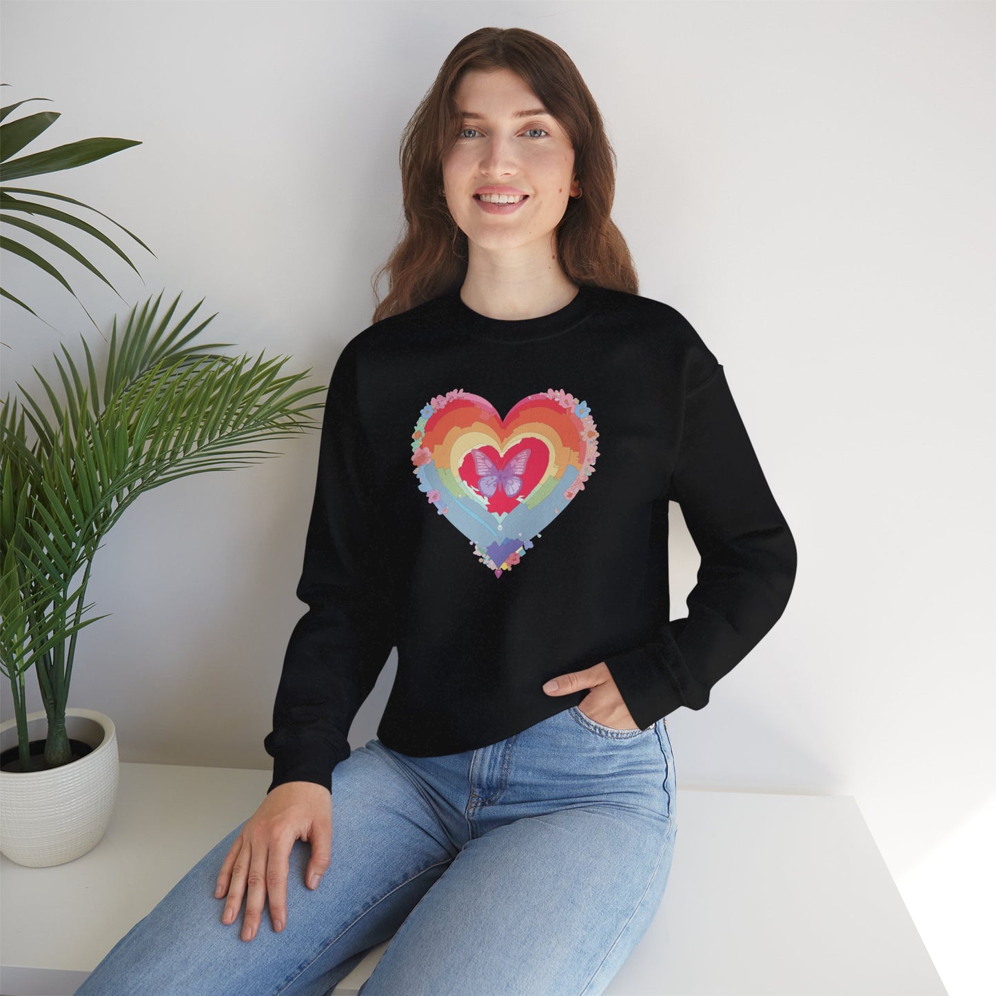 Rainbow Heart Floral Sweatshirt For Valentines Day Unisex Heavy Blend Crewneck Warm