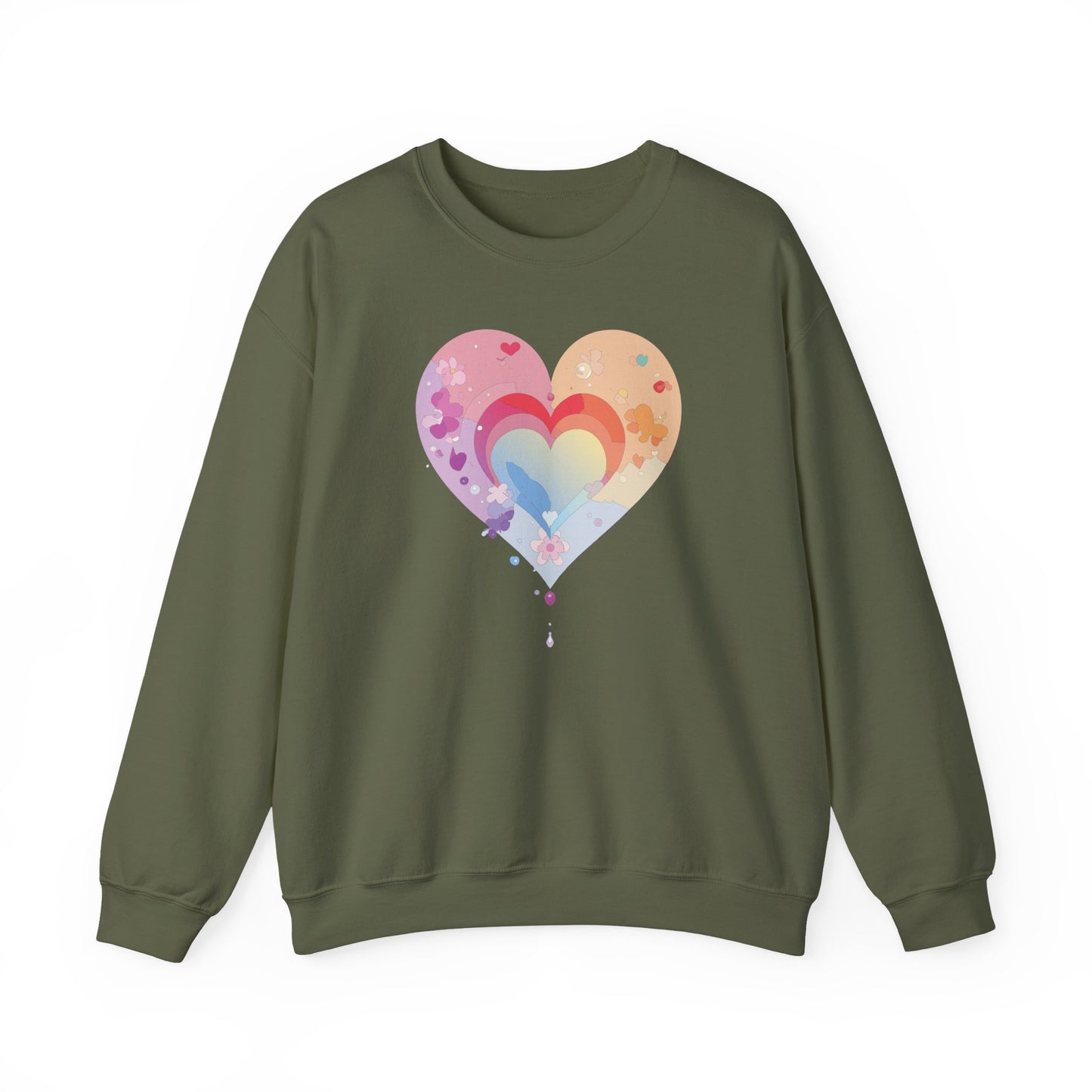 Rainbow Heart Floral Sweatshirt Unisex Valentines Day Gift Cozy Crewneck Sweatshirt