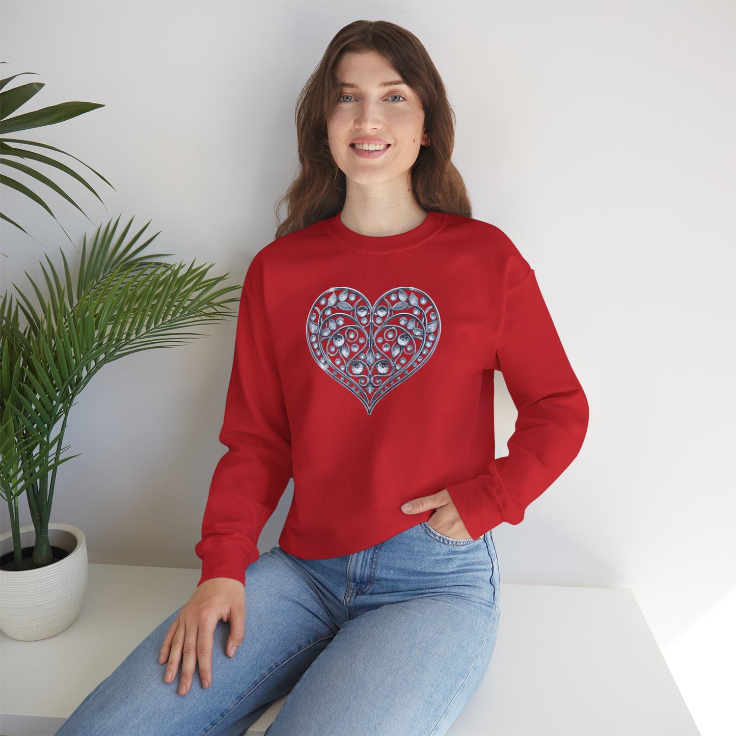 Big Crystal Heart Sweatshirt Unisex Fifty Fifty Cotton Poly Crewneck Valentines Day Sweatshirt