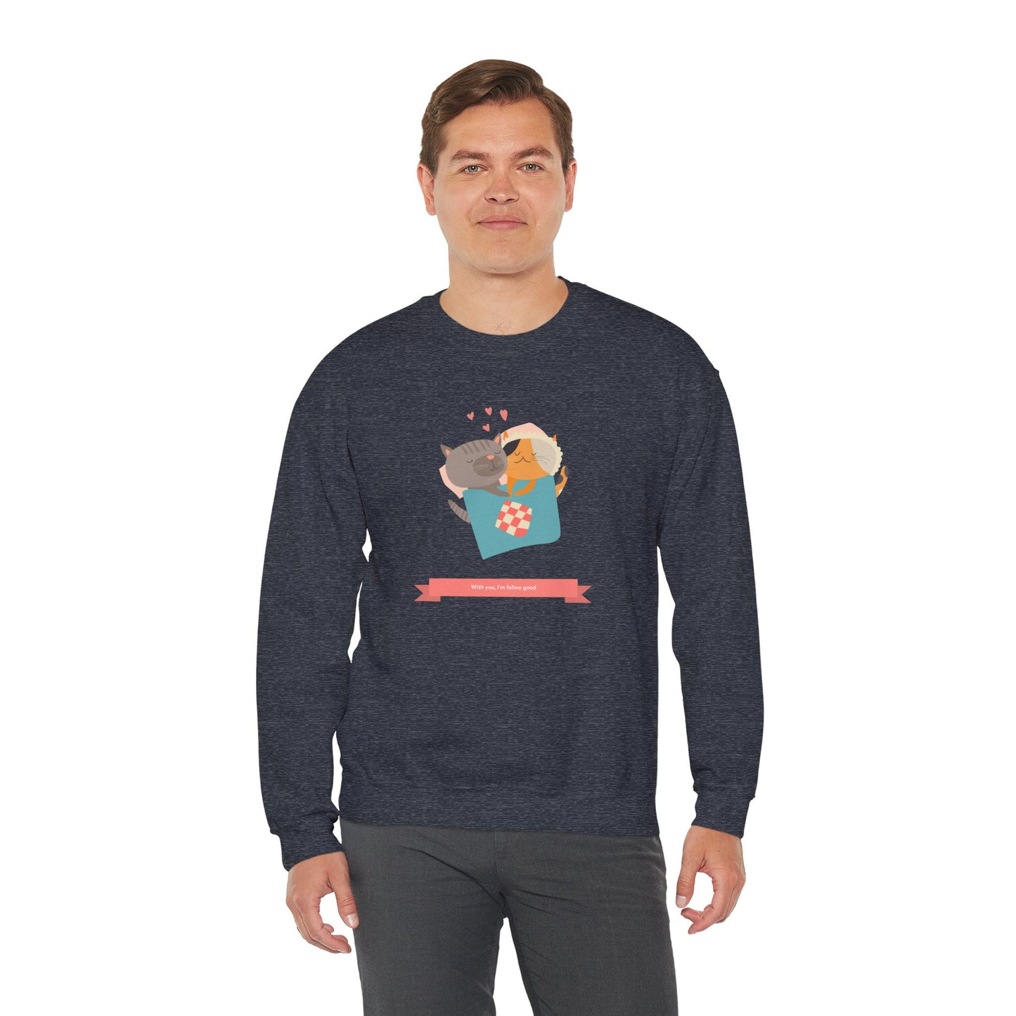 Cat Heart Sweatshirt Unisex Valentines Day 50 50 Cotton Poly Crewneck Gildan 18000
