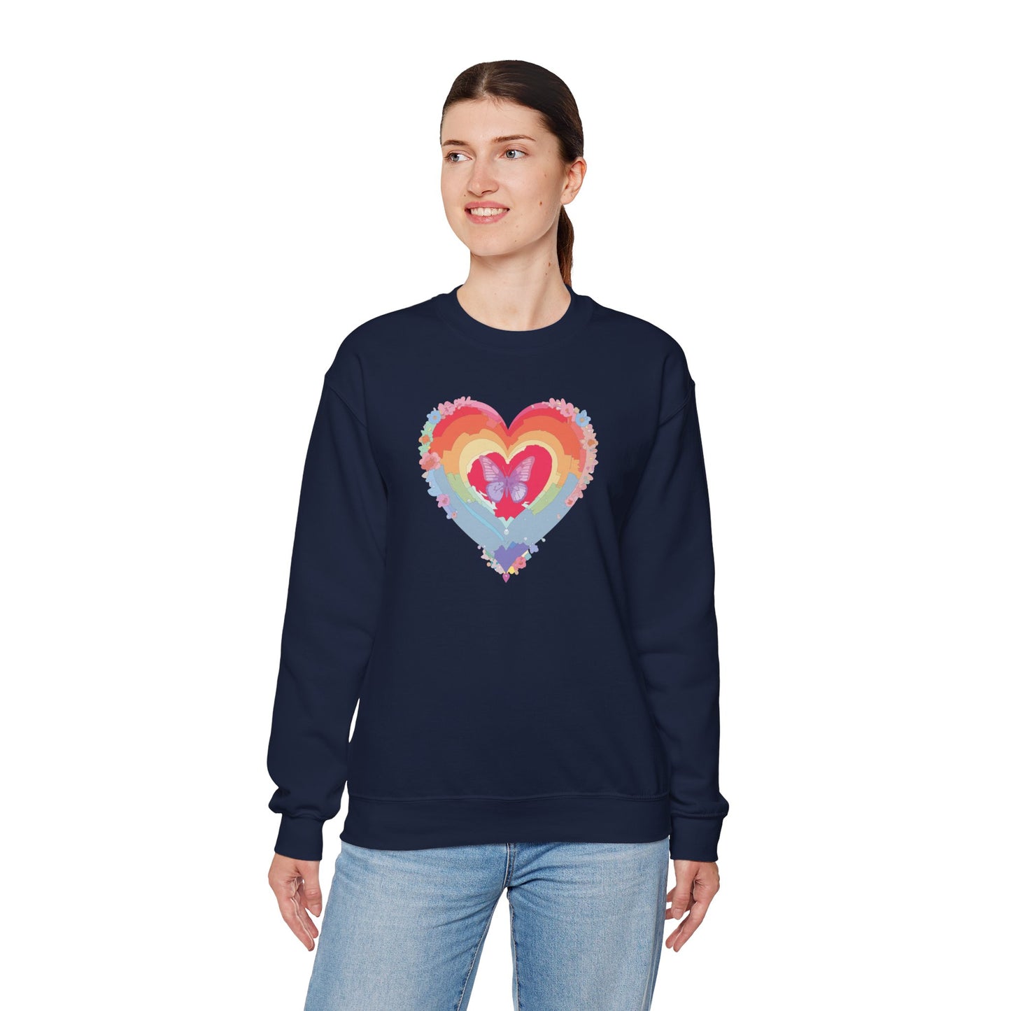 Rainbow Heart Floral Sweatshirt For Valentines Day Unisex Heavy Blend Crewneck Warm