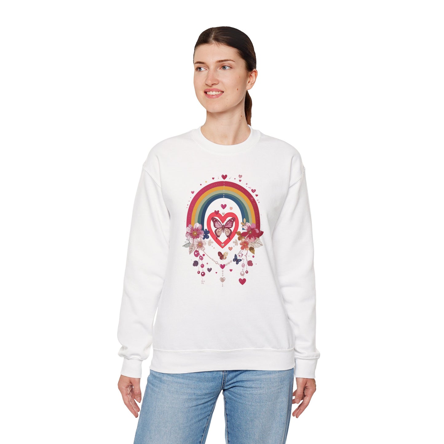 Rainbow Heart Floral Unisex Sweatshirt Crewneck Love Valentine's Day Graphic Gildan 18000