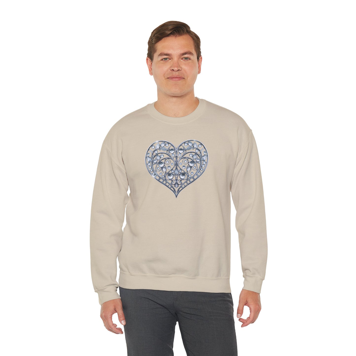 Big Crystal Heart Sweatshirt Unisex Fifty Fifty Cotton Poly Crewneck Valentines Day Sweatshirt