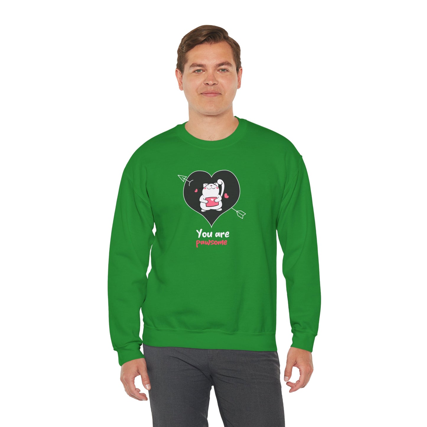 Cat Heart Sweatshirt Unisex Valentines Day Fifty Fifty Cotton Poly Crewneck Gildan 18000
