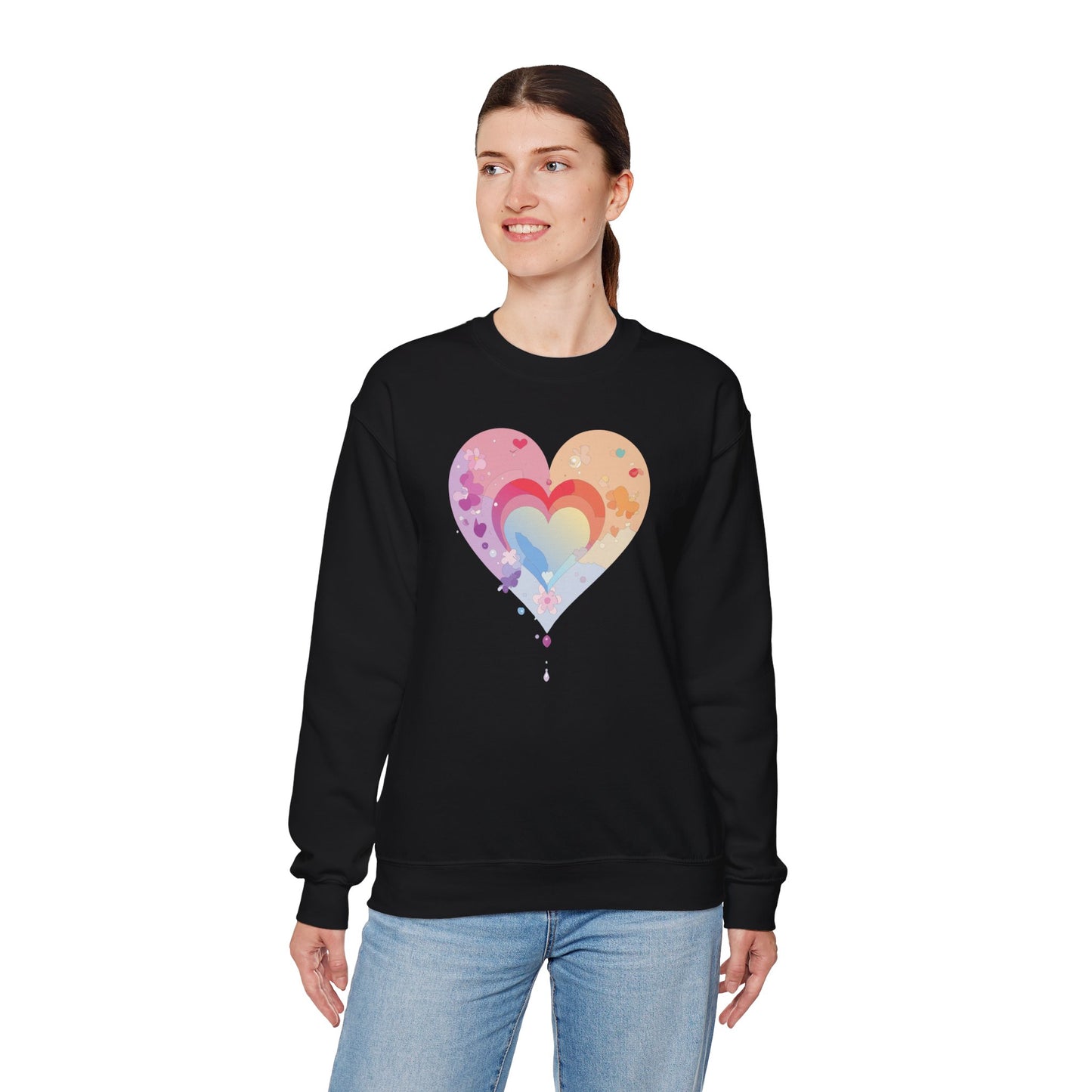 Rainbow Heart Floral Sweatshirt Unisex Valentines Day Gift Cozy Crewneck Sweatshirt