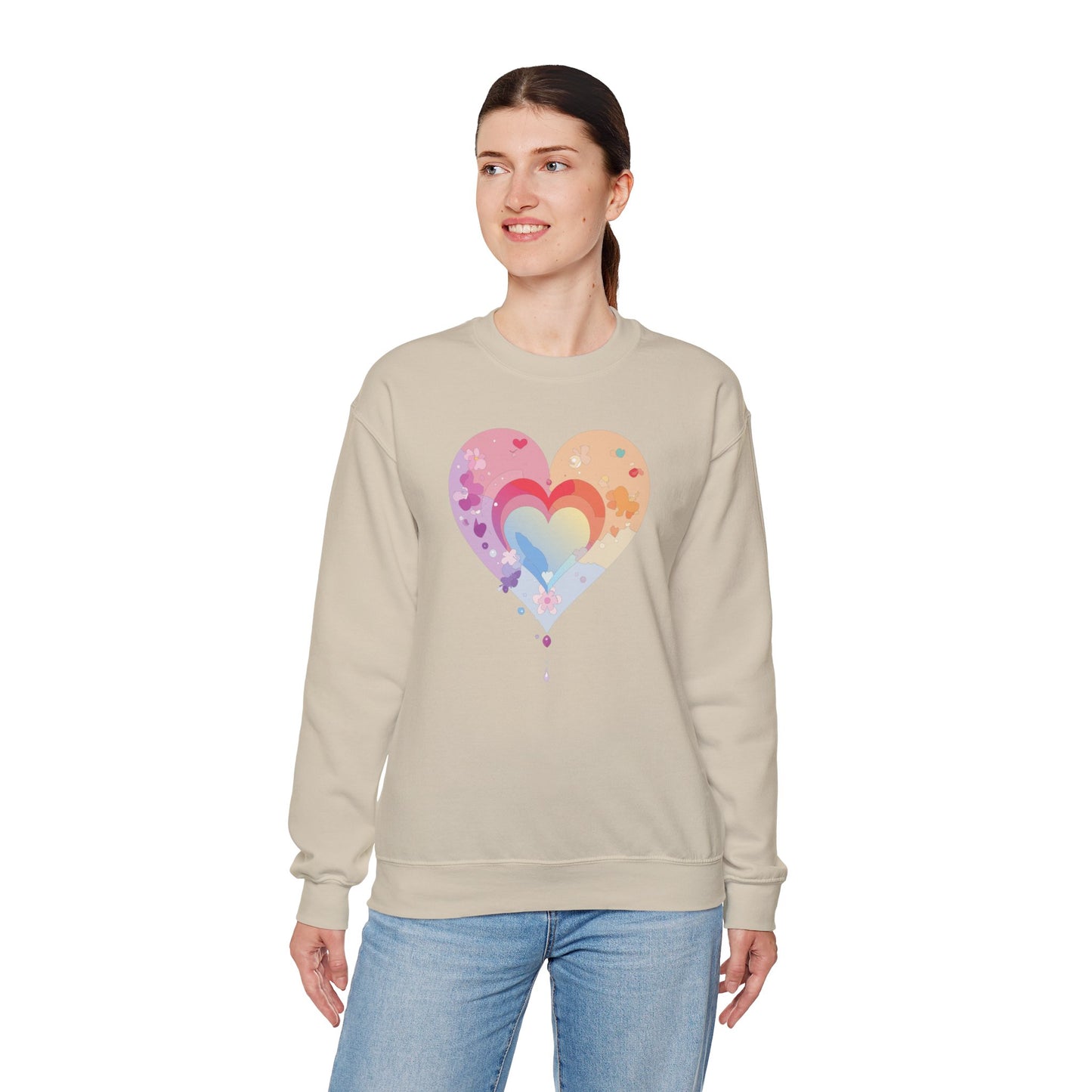 Rainbow Heart Floral Sweatshirt Unisex Valentines Day Gift Cozy Crewneck Sweatshirt