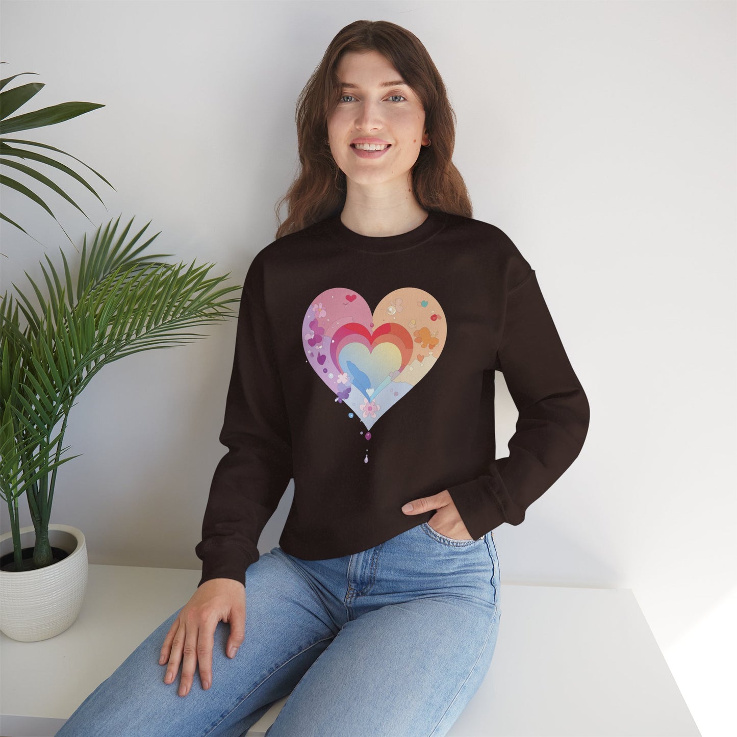 Rainbow Heart Floral Sweatshirt Unisex Valentines Day Gift Cozy Crewneck Sweatshirt