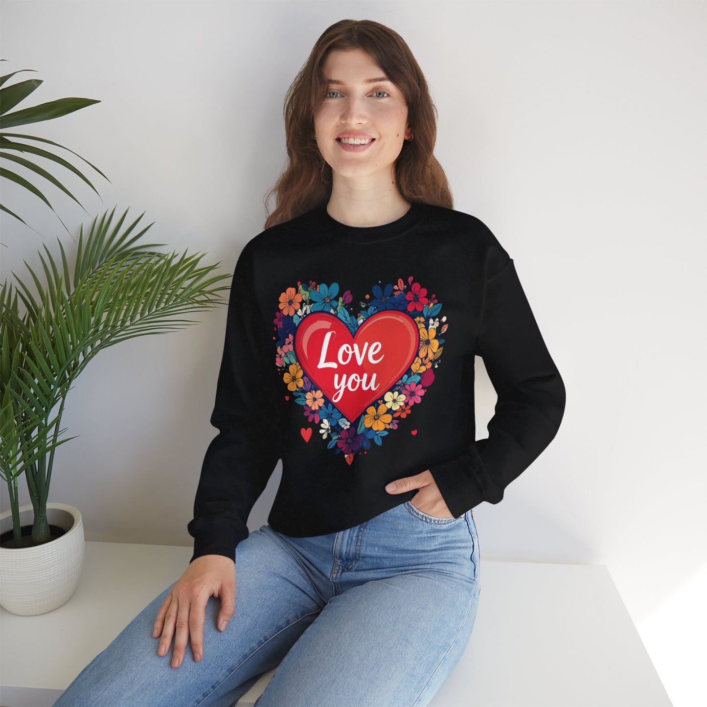 Unisex Floral Heart Sweatshirt Valentines Day Gift Cozy Crewneck Fifty Fifty Blend