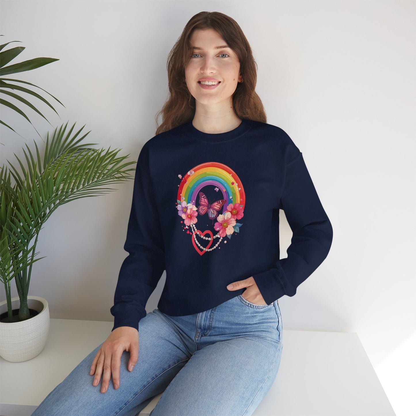 Rainbow Heart Floral Sweatshirt Unisex Valentines Day Love Gift Gildan 18000 Sweatshirt