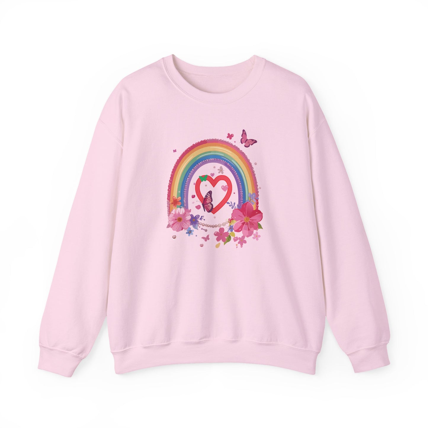 Rainbow Heart Floral Sweatshirt For Valentines Day Unisex Crewneck Gildan 18000 Premium