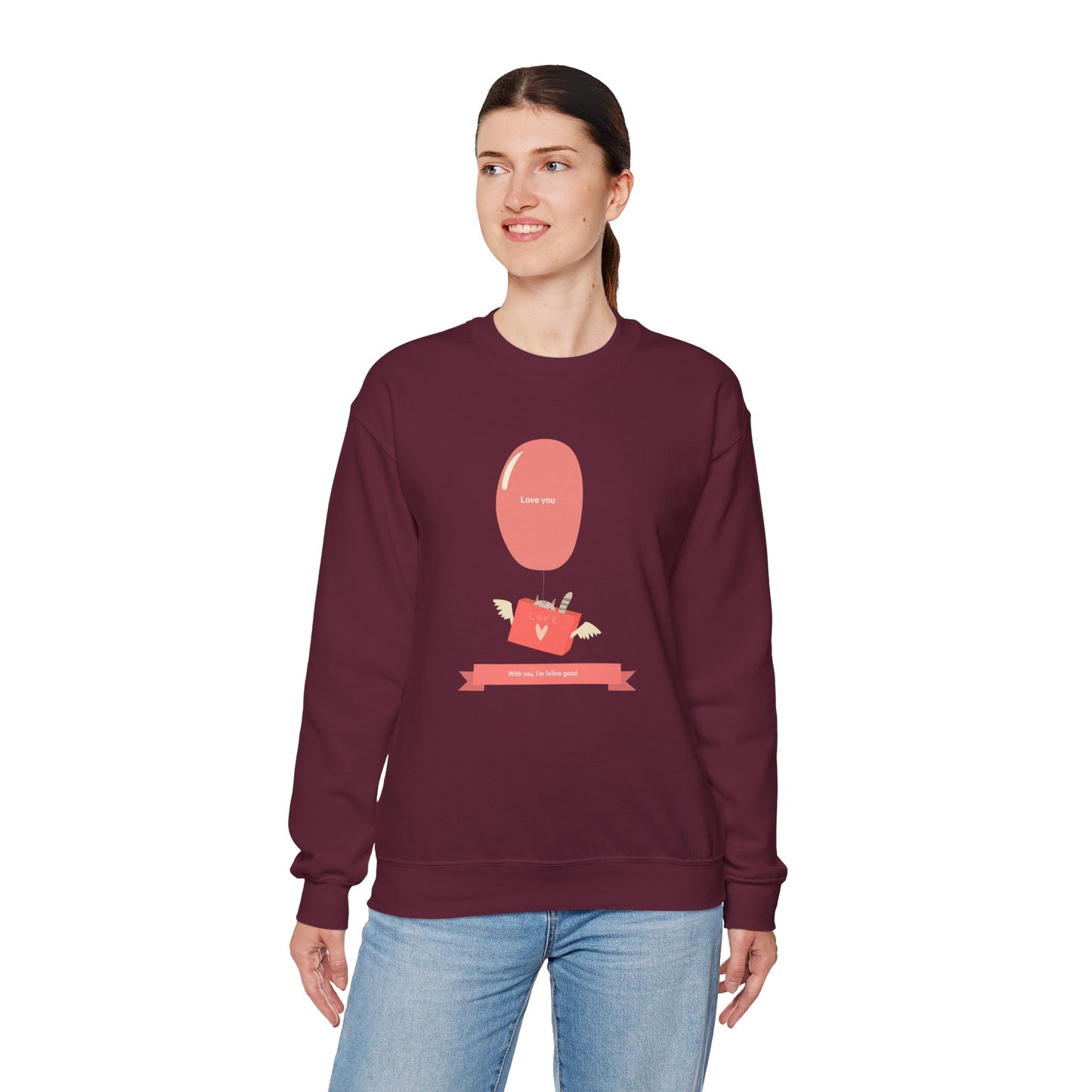 Cat Love Balloon Sweatshirt Unisex Fifty Fifty Cotton Poly Valentine Heavy Blend Crewneck Sweatshirt