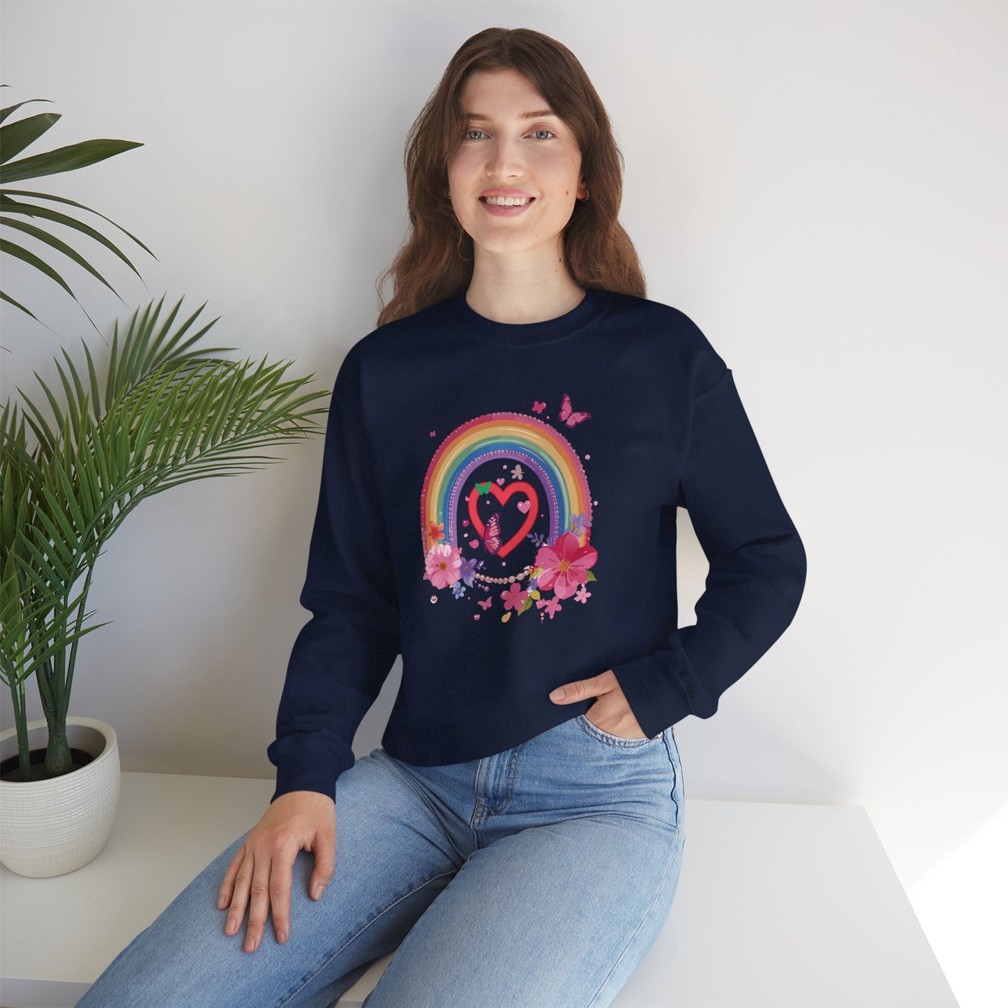 Rainbow Heart Floral Sweatshirt For Valentines Day Unisex Crewneck Gildan 18000 Premium