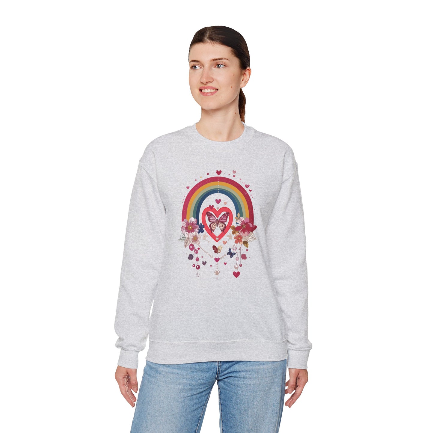 Rainbow Heart Floral Unisex Sweatshirt Crewneck Love Valentine's Day Graphic Gildan 18000