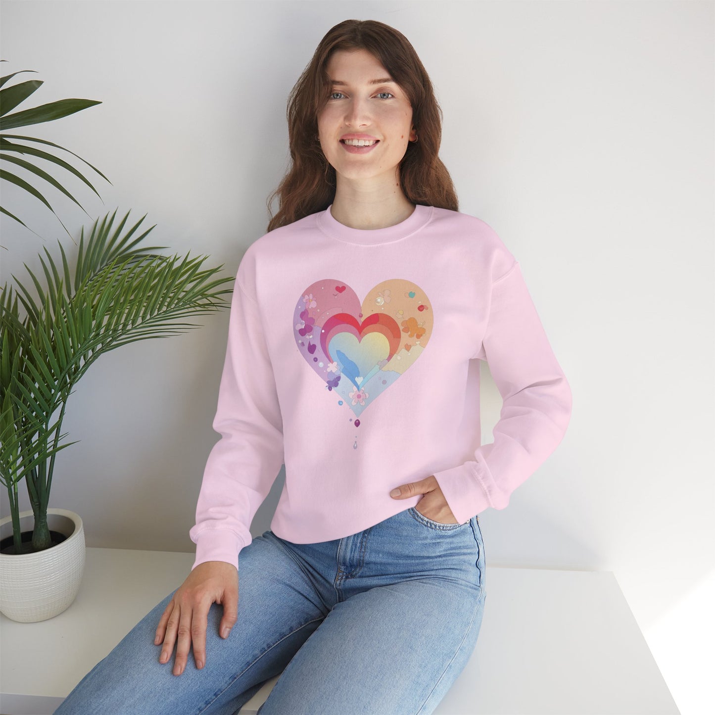 Rainbow Heart Floral Sweatshirt Unisex Valentines Day Gift Cozy Crewneck Sweatshirt