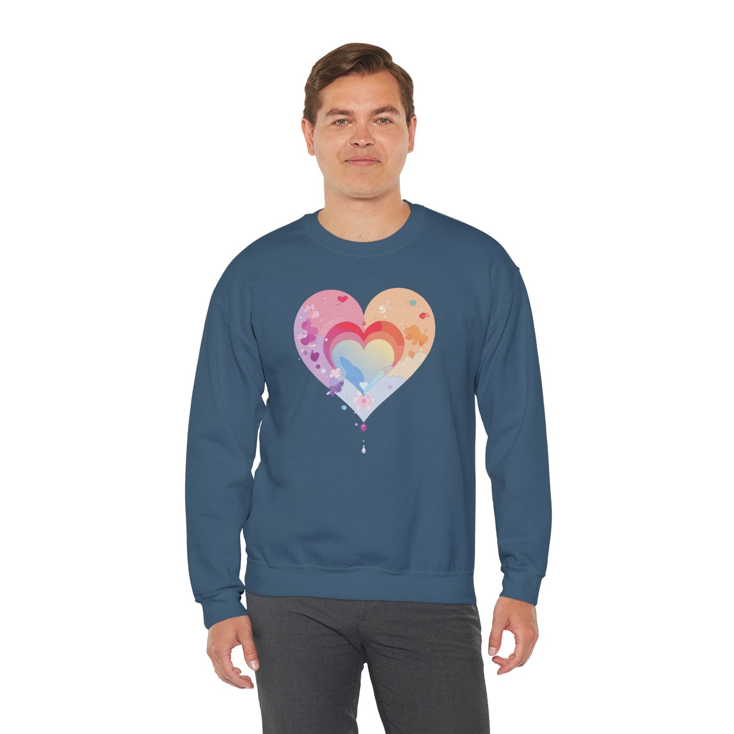 Rainbow Heart Floral Sweatshirt Unisex Valentines Day Gift Cozy Crewneck Sweatshirt
