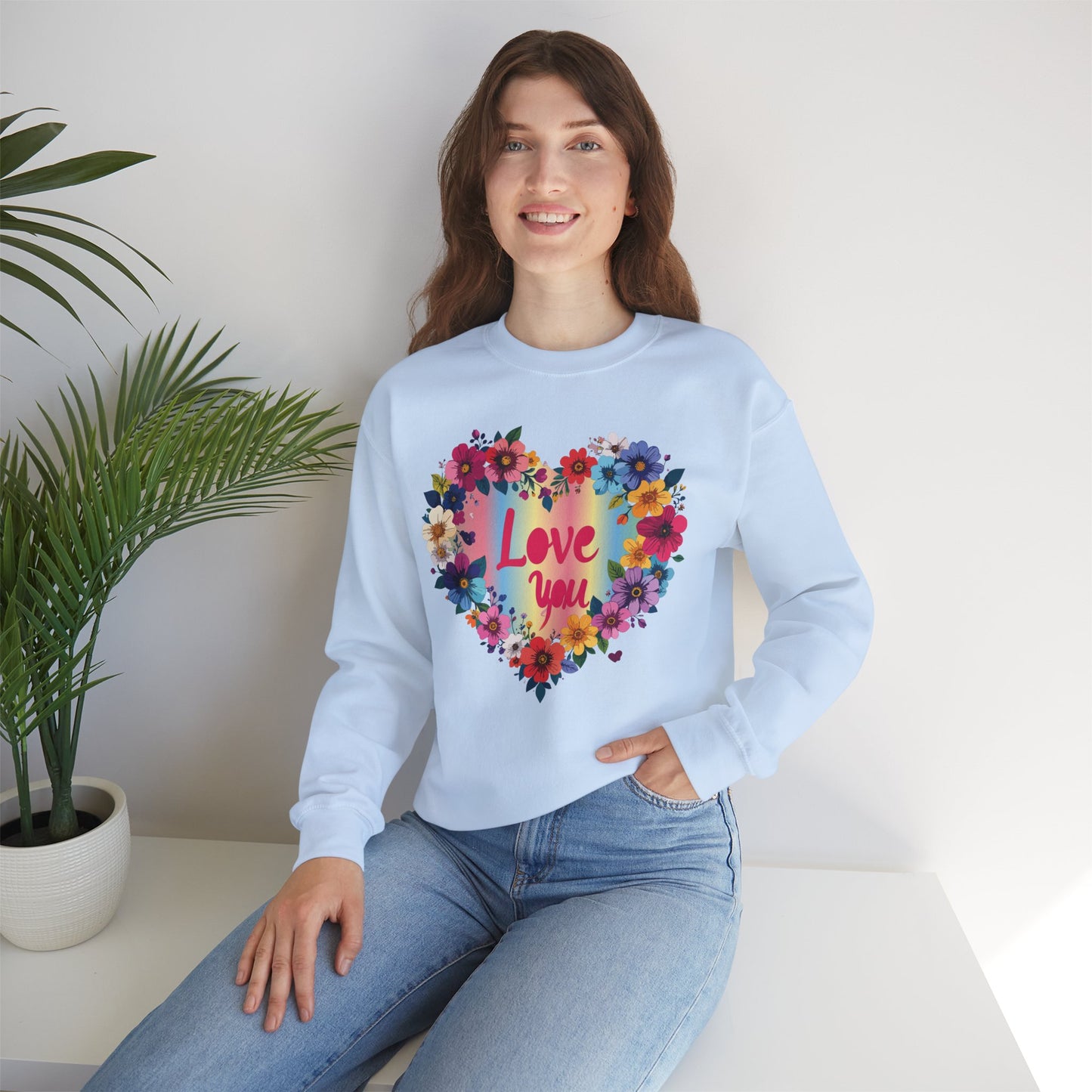 Valentines Day Floral Heart Sweatshirt Unisex Crewneck Floral Love You Gildan 18000 Heavy Blend