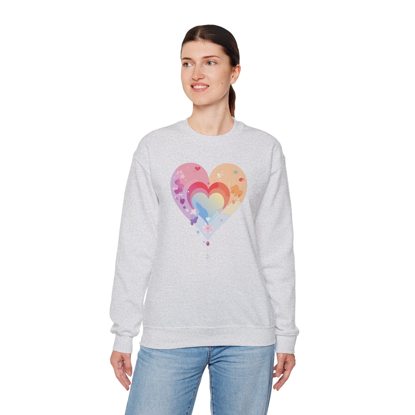 Rainbow Heart Floral Sweatshirt Unisex Valentines Day Gift Cozy Crewneck Sweatshirt