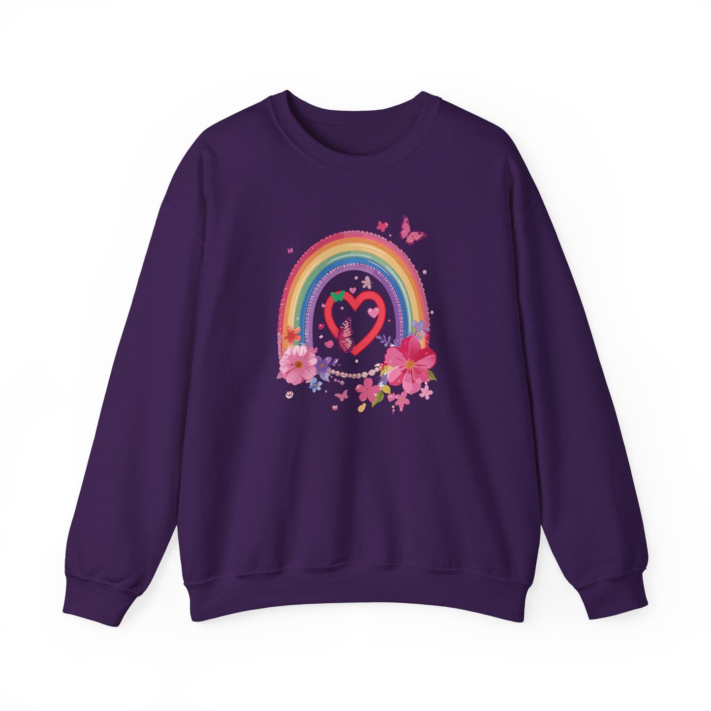 Rainbow Heart Floral Sweatshirt For Valentines Day Unisex Crewneck Gildan 18000 Premium