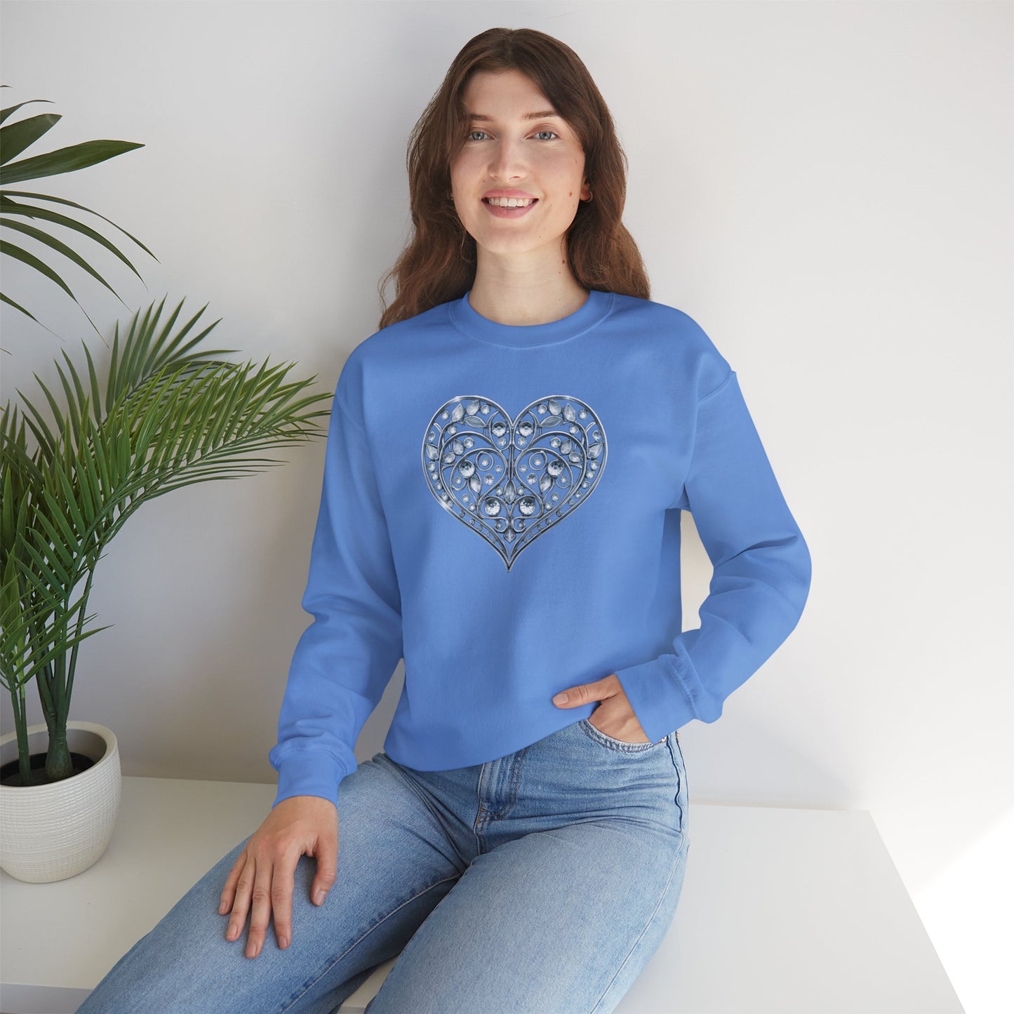 Big Crystal Heart Sweatshirt Unisex Fifty Fifty Cotton Poly Crewneck Valentines Day Sweatshirt