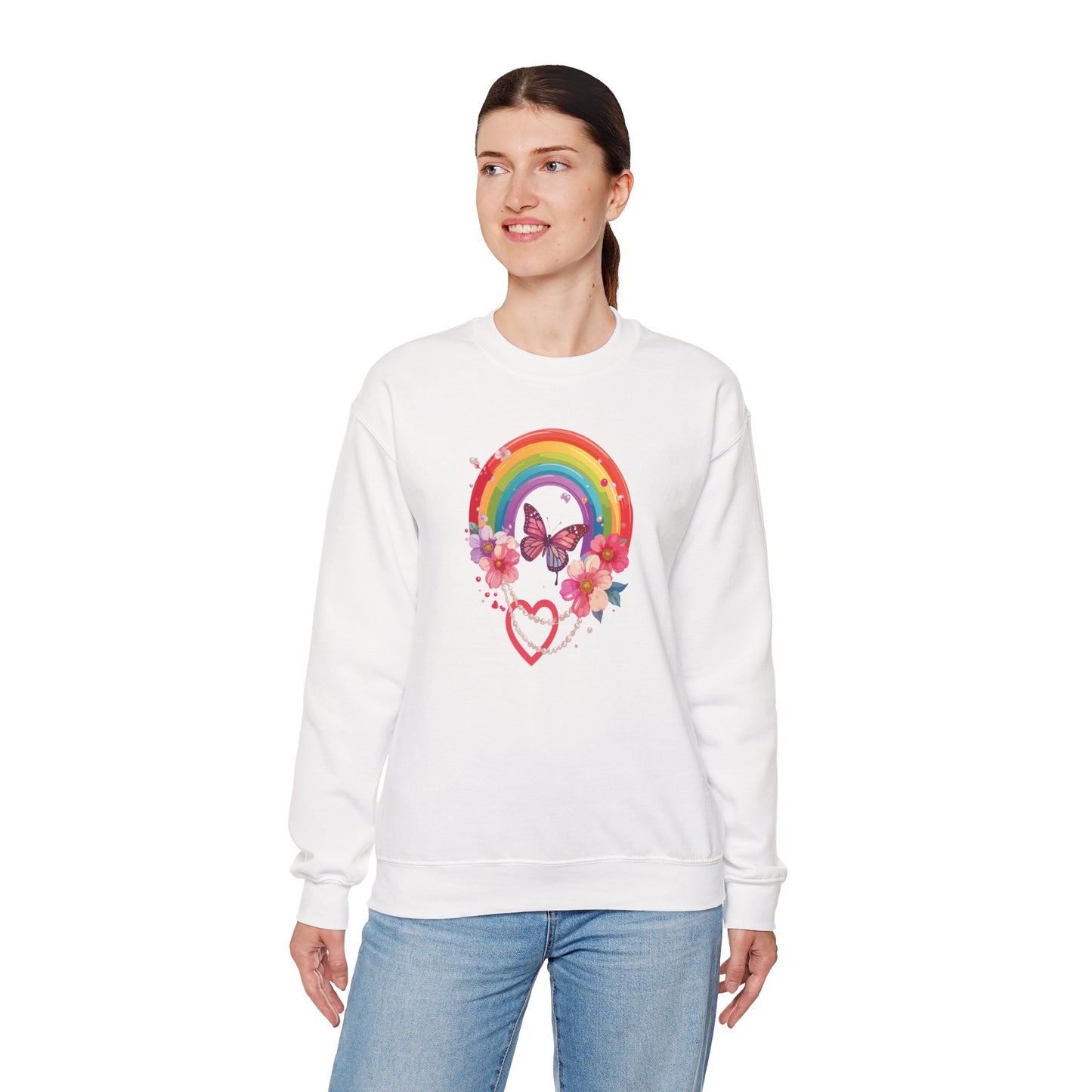 Rainbow Heart Floral Sweatshirt Unisex Valentines Day Love Gift Gildan 18000 Sweatshirt