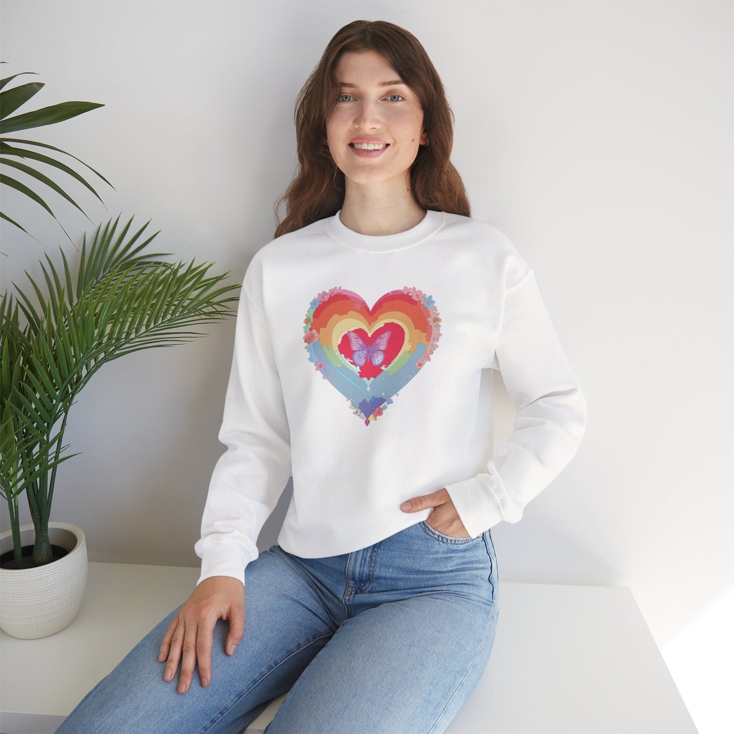 Rainbow Heart Floral Sweatshirt For Valentines Day Unisex Heavy Blend Crewneck Warm