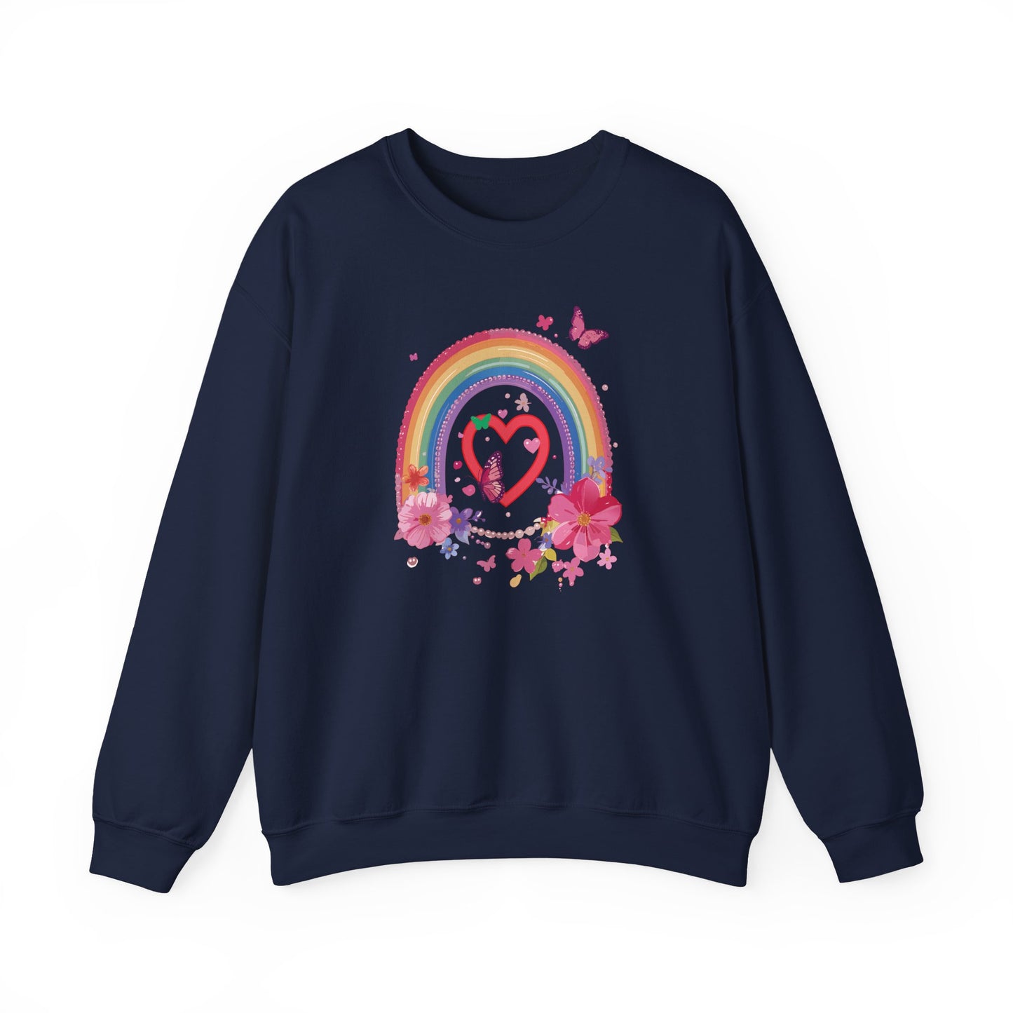Rainbow Heart Floral Sweatshirt For Valentines Day Unisex Crewneck Gildan 18000 Premium