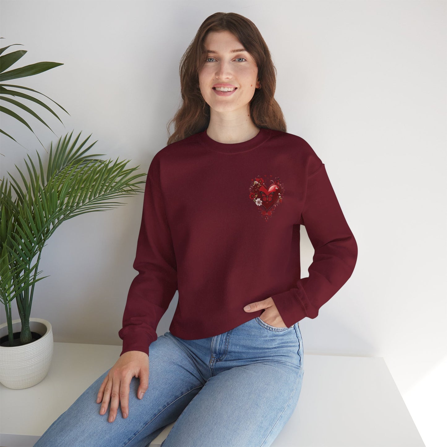 Floral Red Heart Sweatshirt Unisex Valentines Day Love Print Cozy Heavy Blend Crewneck