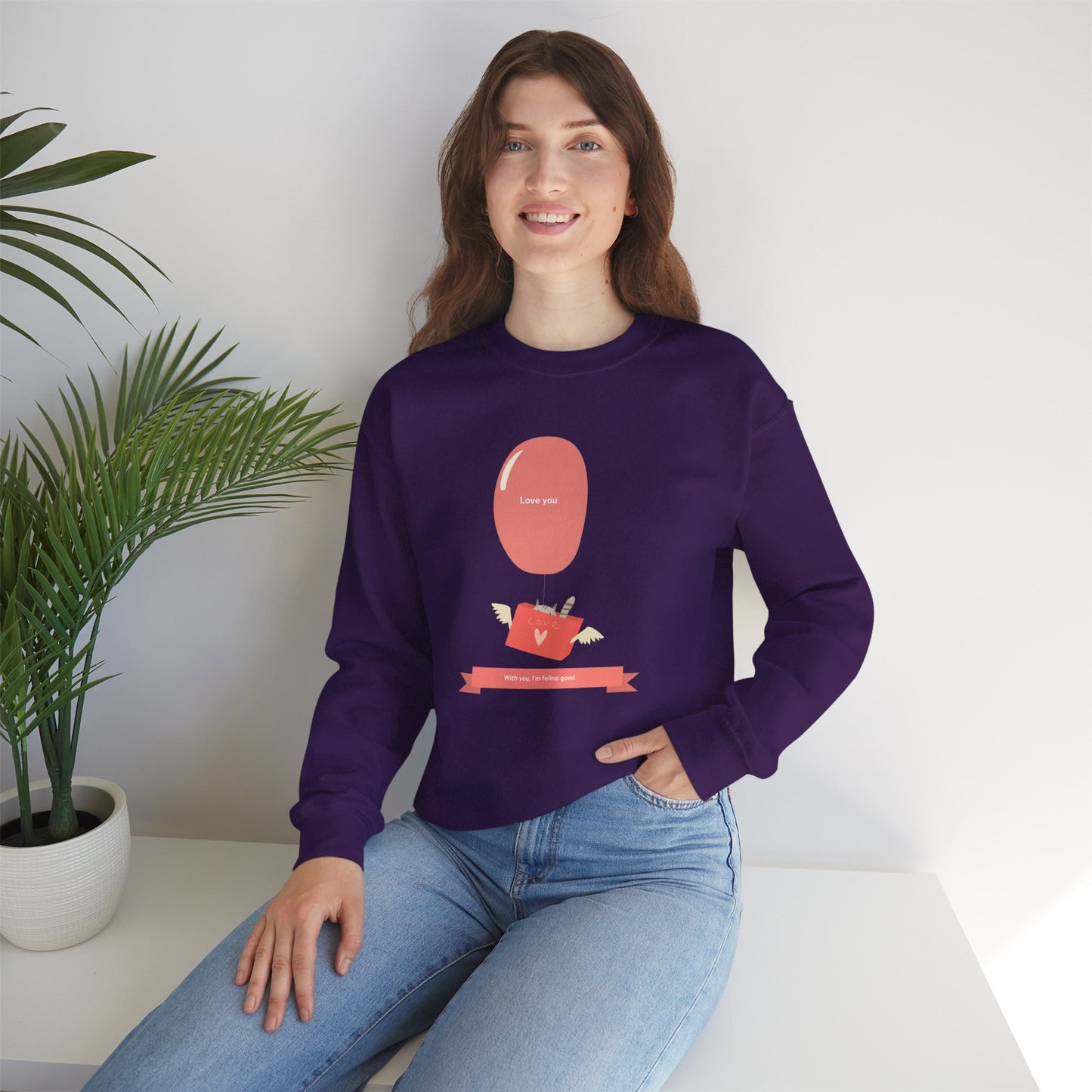Cat Love Balloon Sweatshirt Unisex Fifty Fifty Cotton Poly Valentine Heavy Blend Crewneck Sweatshirt