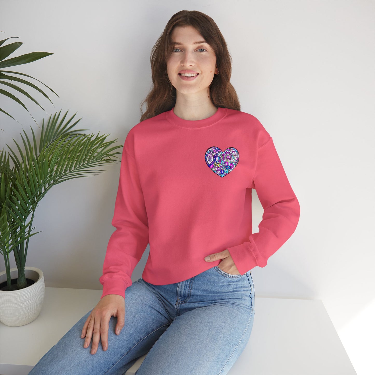 Floral Heart Sweatshirt Valentines Day Unisex Crewneck Gildan 18000 Heavy Blend Cotton Polyester