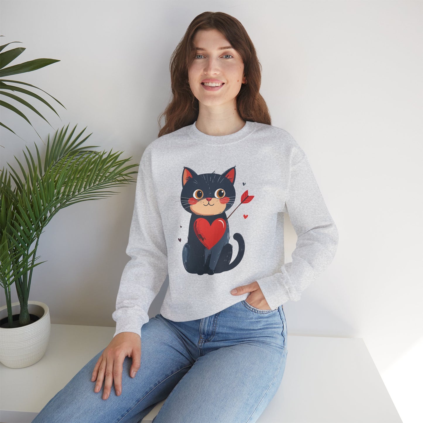 Cat Heart Sweatshirt Unisex Valentines Day Fifty Fifty Cotton Poly 8 Oz Heavy Blend