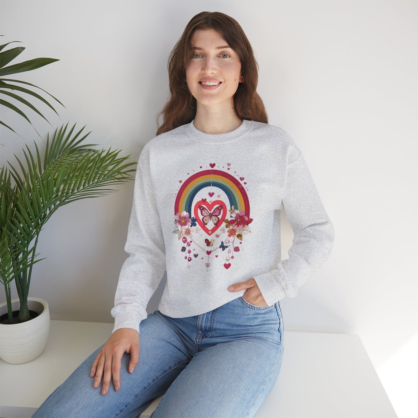 Rainbow Heart Floral Unisex Sweatshirt Crewneck Love Valentine's Day Graphic Gildan 18000