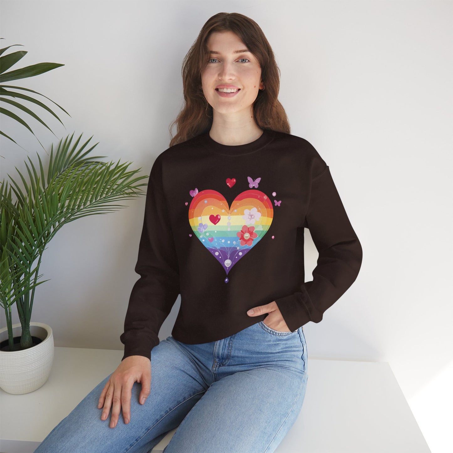 Rainbow Heart Floral Sweatshirt Unisex Valentines Day Graphic Love Sweatshirt Gift Idea