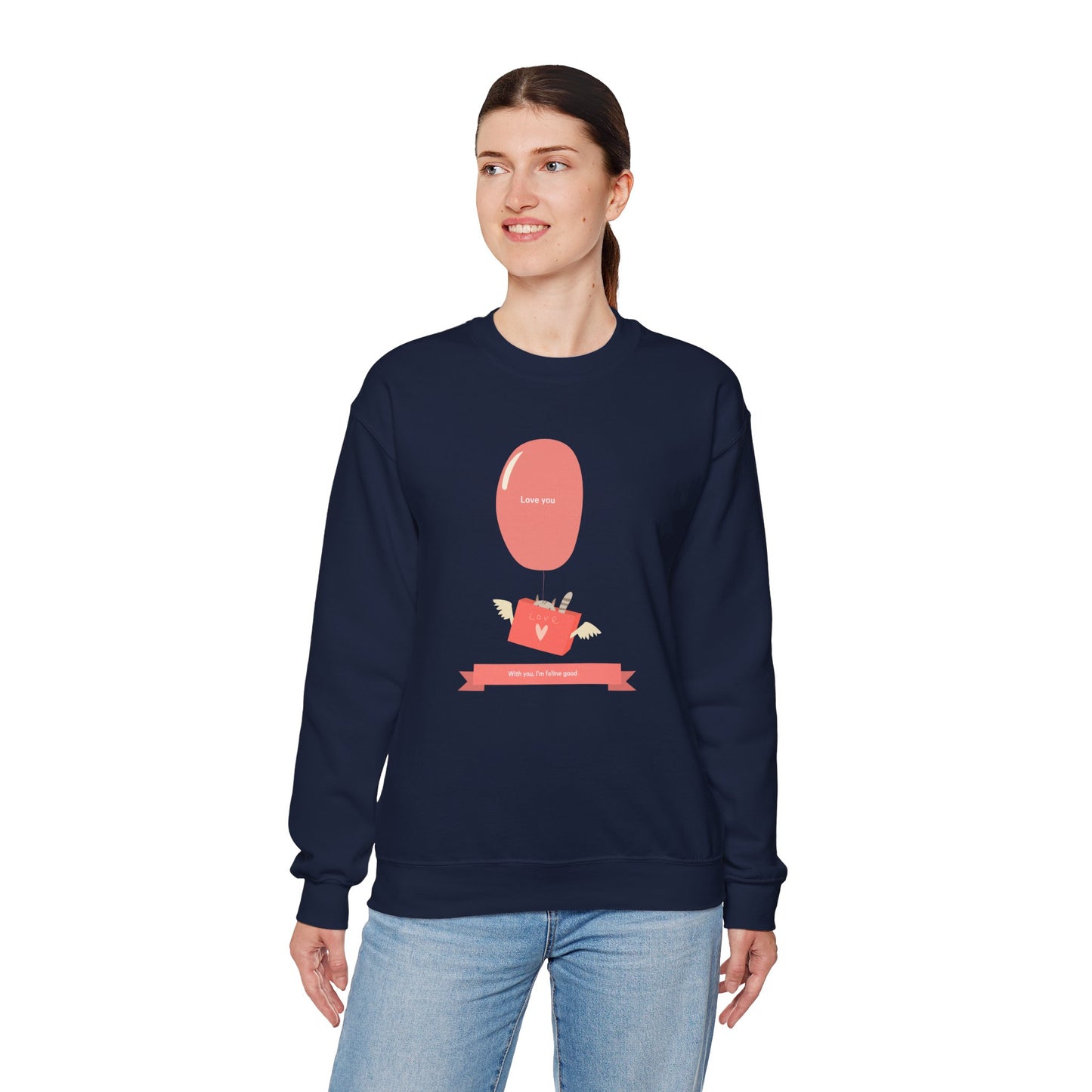Cat Love Balloon Sweatshirt Unisex Fifty Fifty Cotton Poly Valentine Heavy Blend Crewneck Sweatshirt