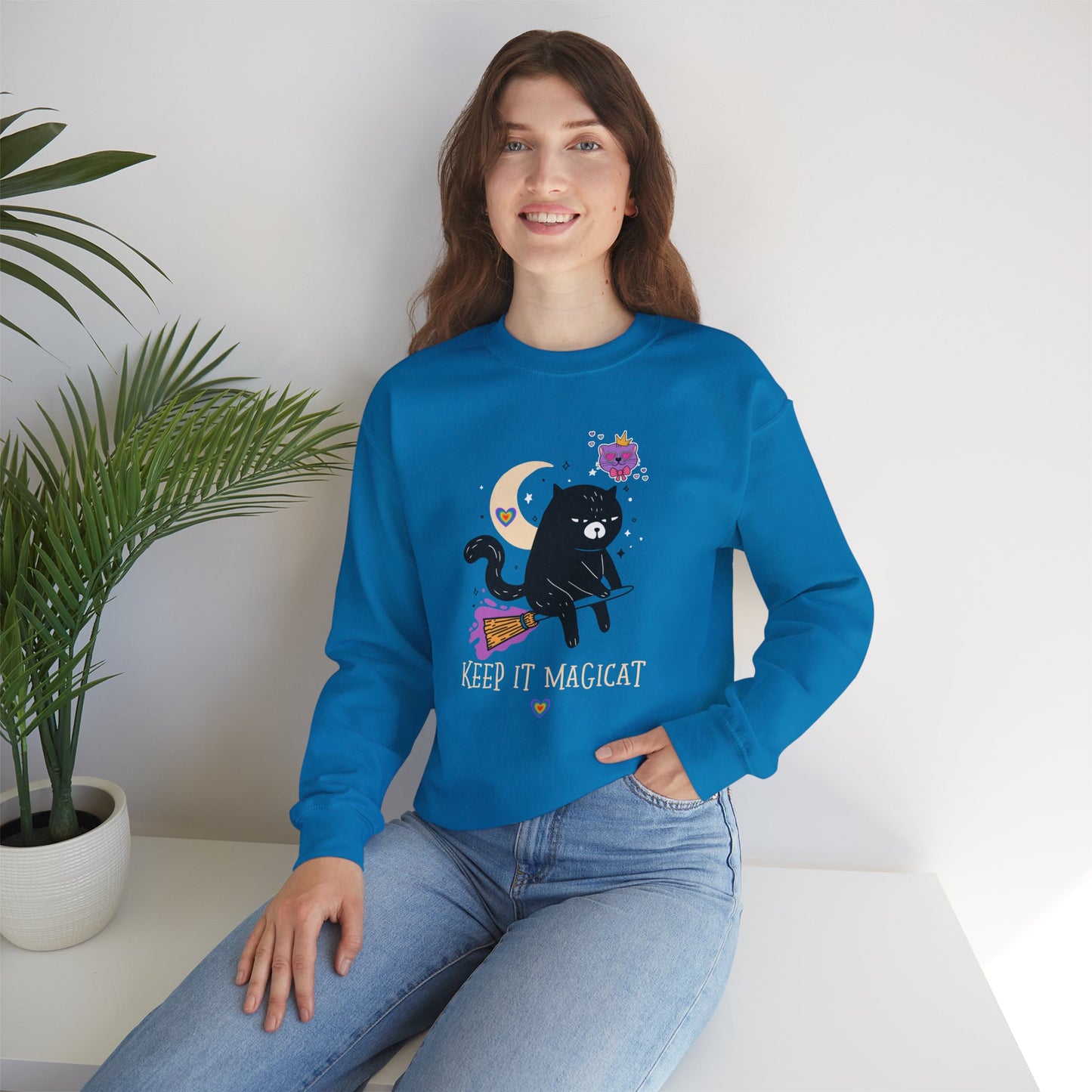 Flying Cat Heart Sweatshirt Unisex Fifty Fifty Cotton Poly Crewneck Gildan 18000 Valentines Day