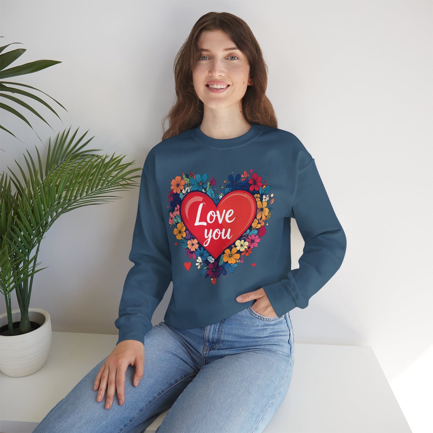 Unisex Floral Heart Sweatshirt Valentines Day Gift Cozy Crewneck Fifty Fifty Blend