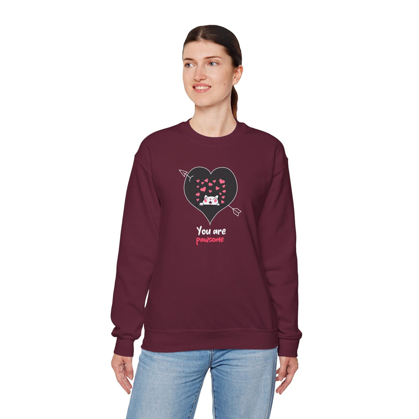 Cat Heart Sweatshirt Valentines Day Fifty Fifty Cotton Poly Unisex Crewneck Gift Idea