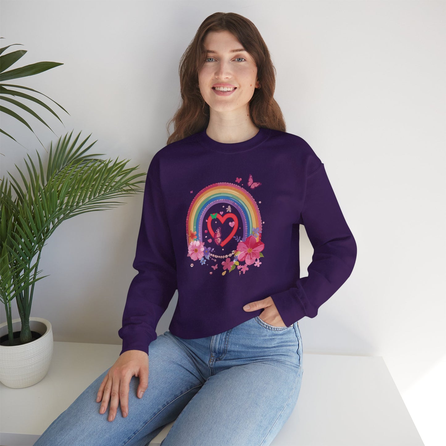 Rainbow Heart Floral Sweatshirt For Valentines Day Unisex Crewneck Gildan 18000 Premium
